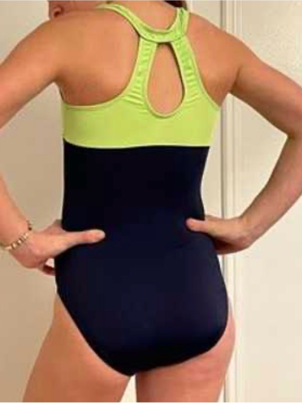 GK Elite Neon Green And Navy Gymnastics Leotard Sz CM